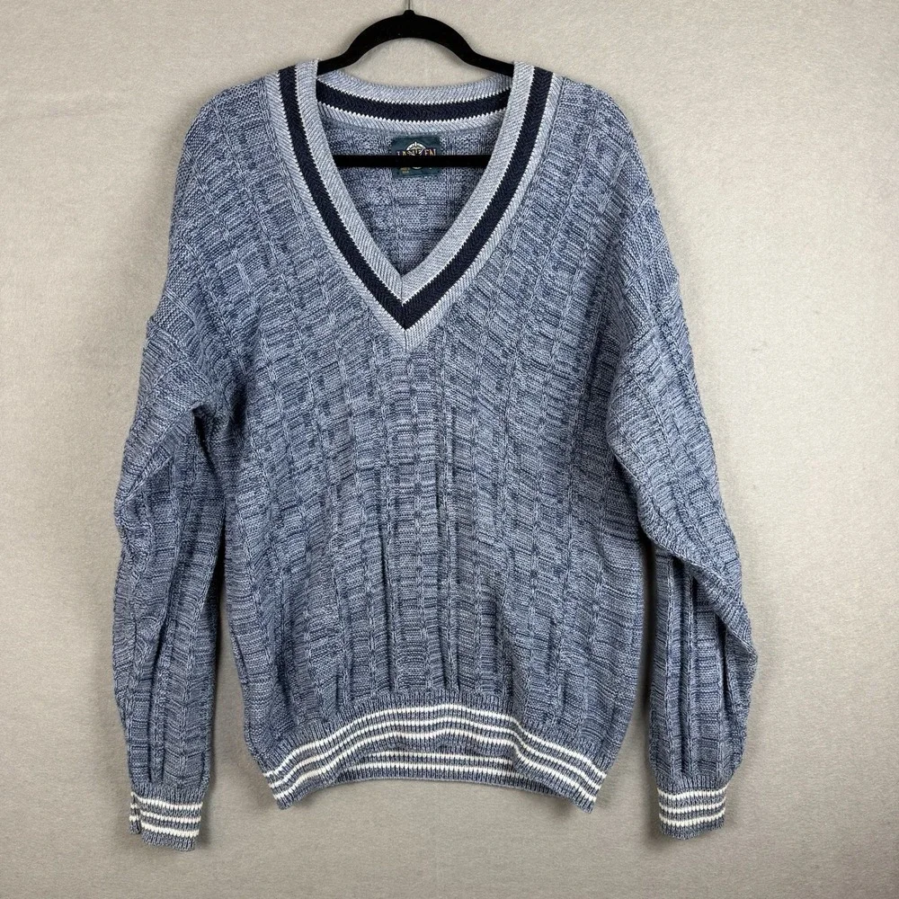 Jantzen Vtg Varsity V-Neck Chunky Sweater Blue Cable Knit Sz L Tennis Prep